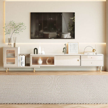 Retracted & Extendable TV Stand Beige Media Console with Drawers & Storage
